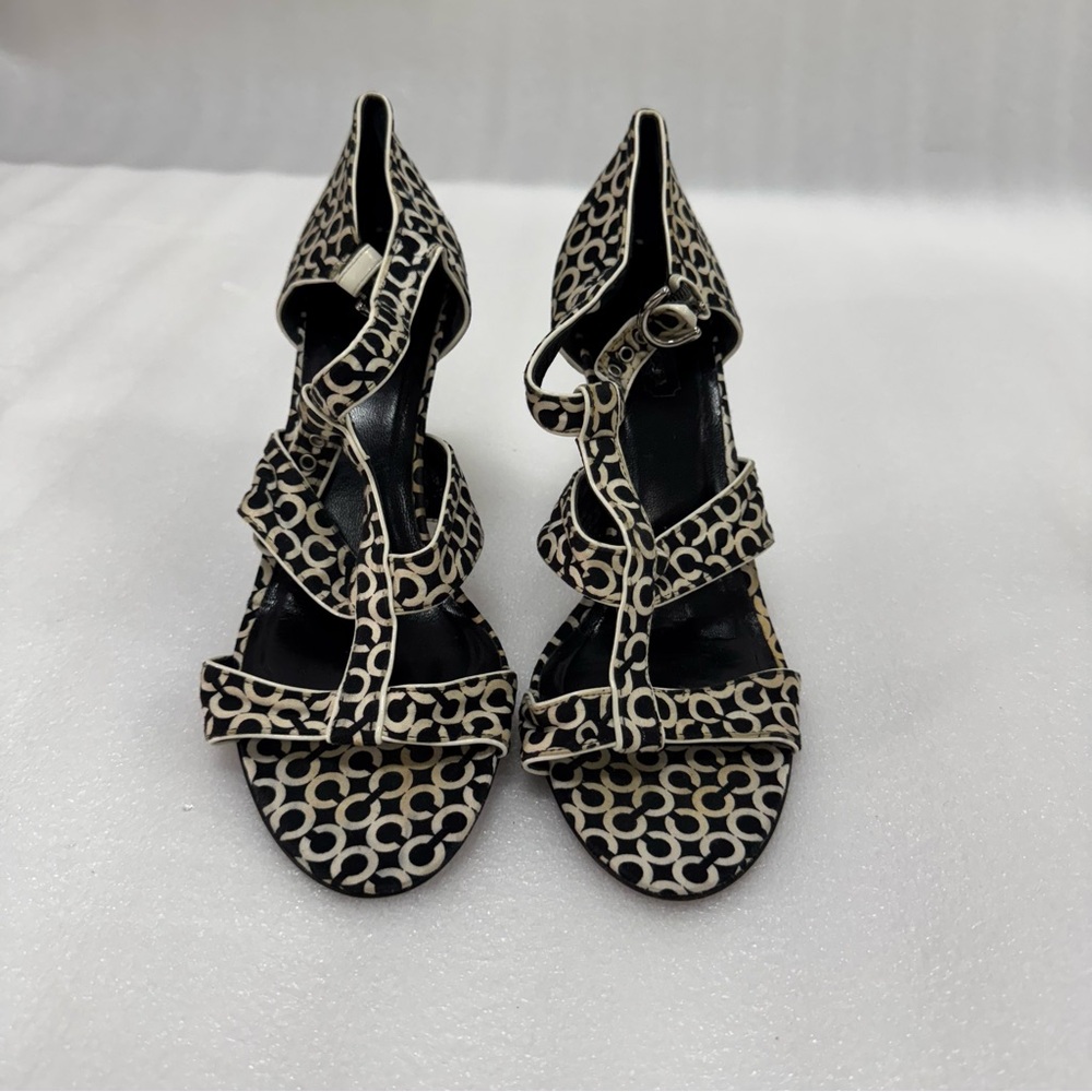 Coach Black & Ivory Logo Print Strappy Block Heel Sandals